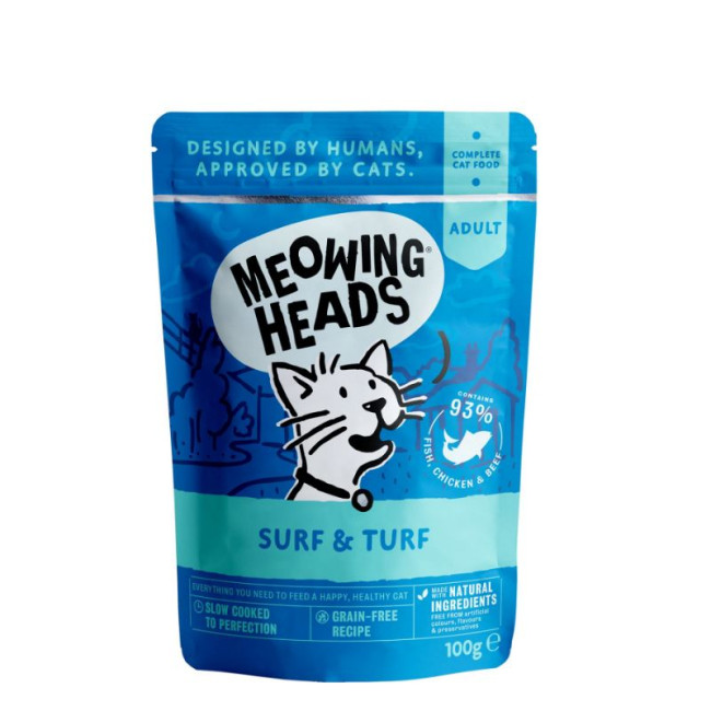 MEOWING HEADS Supurr Surf/Turf konservi kaķiem (žuvis/vistas gaļa/liellopu gaļa) 100g 10gab
