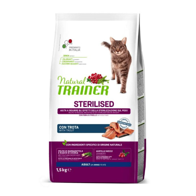 NATURAL TRAINER Kaķis pieaugušais Sterilizēts FORELE ar foreli 1.5kg (6)
